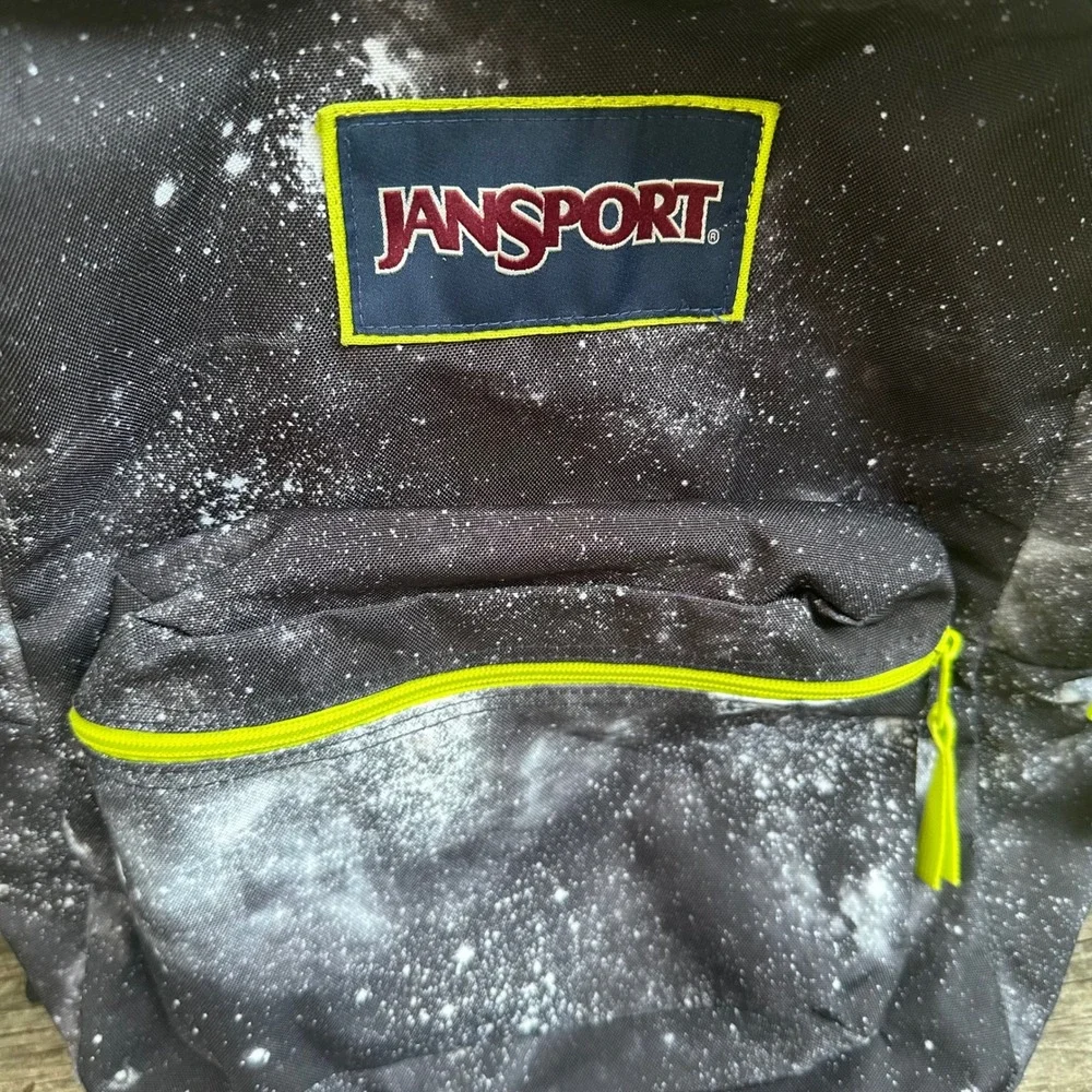 Jansport SuperBreak Backpack Black Galaxy Space Print Neon Green Accents Classic